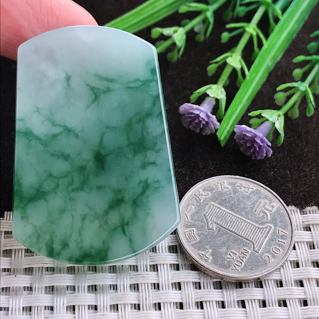 实拍A货翡翠47.8/33/5.9老坑冰胶水灵冰飘花平安无事牌吊坠翡翠玉牌挂件