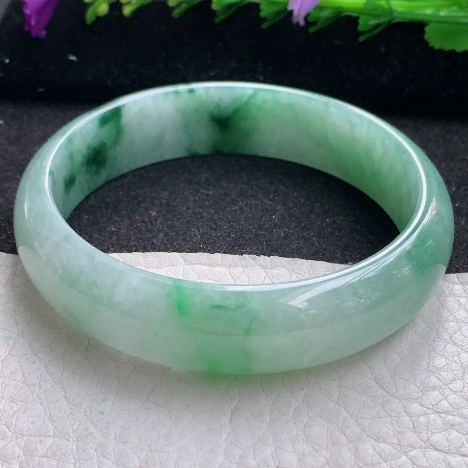 hh大圈口60*15*6.5轮胎镯 缅甸翡翠精美冰飘花灵动宽边玉手镯 玉手环