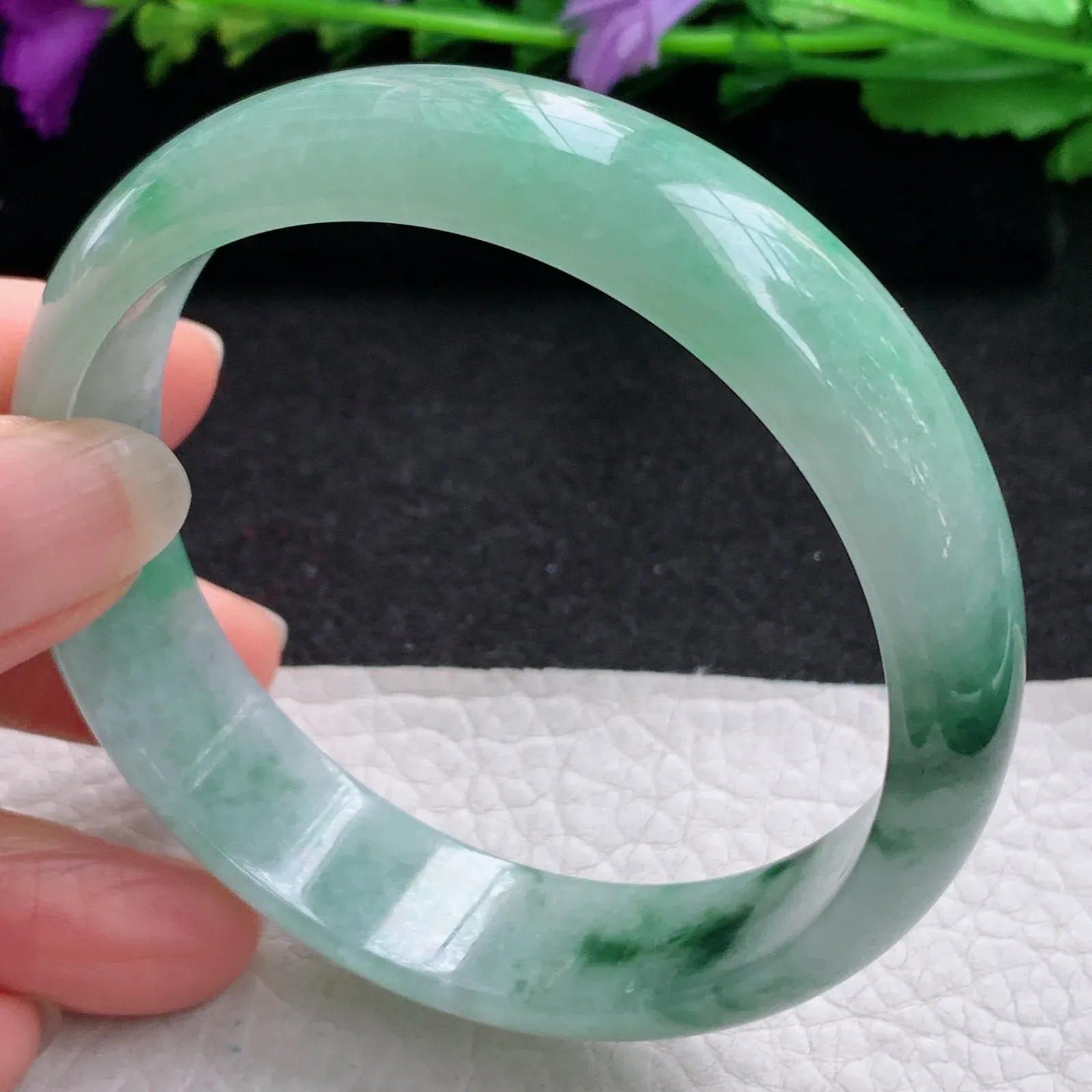 hh大圈口60*15*6.5轮胎镯 缅甸翡翠精美冰飘花灵动宽边玉手镯 玉手环