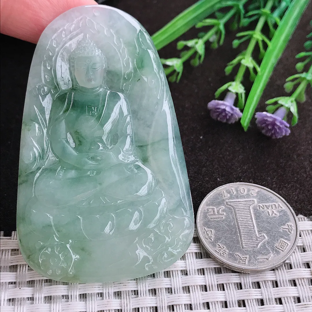 实拍A货翡翠65.6/42.5/5.5老坑冰胶水灵冰飘花大日如来佛吊坠翡翠玉牌挂件