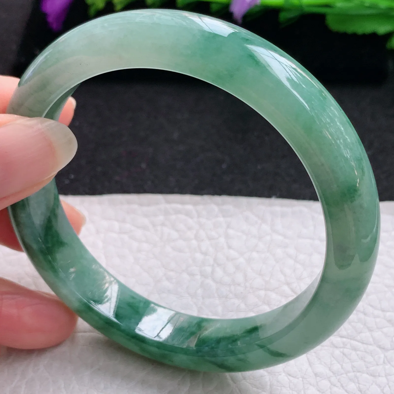hh实拍58.5*12.3*8.5平安镯 缅甸翡翠精美飘蓝绿花宽边玉手镯 玉手环