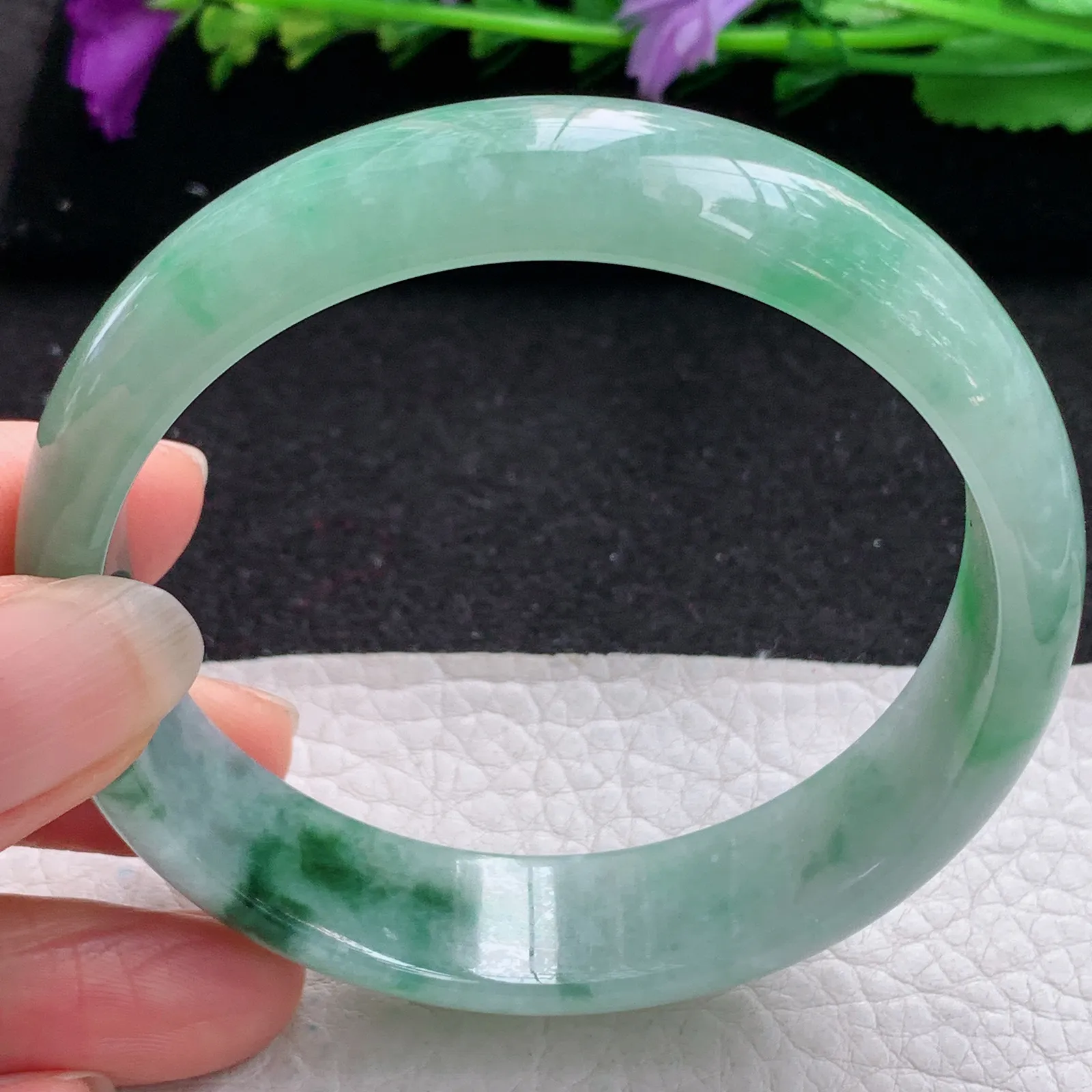 hh大圈口60*15*6.5轮胎镯 缅甸翡翠精美冰飘花灵动宽边玉手镯 玉手环