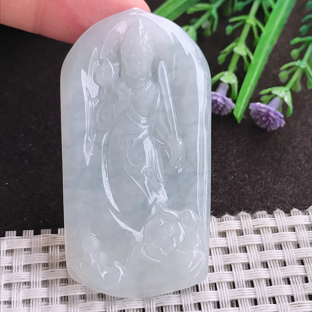 实拍A货翡翠64/33.5/5老坑冰纯起胶月光白虚空藏菩萨吊坠翡翠玉观音挂件