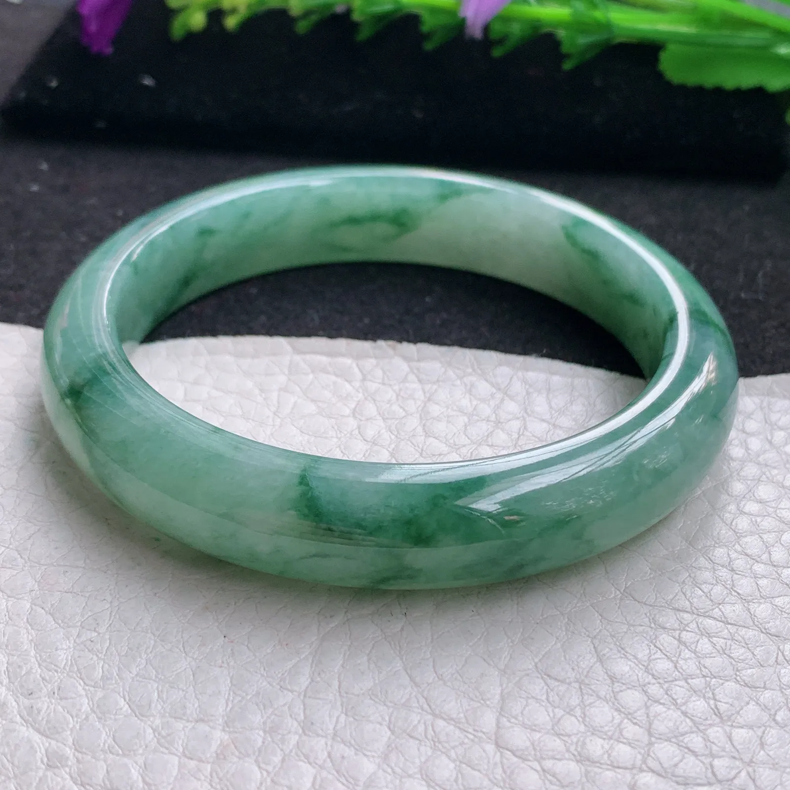 hh实拍58.5*12.3*8.5平安镯 缅甸翡翠精美飘蓝绿花宽边玉手镯 玉手环