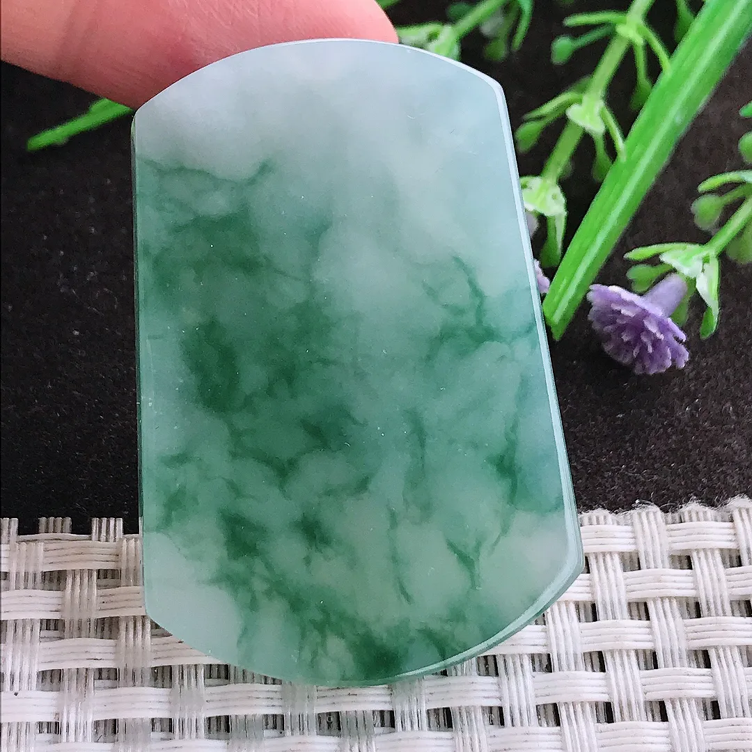 实拍A货翡翠47.8/33/5.9老坑冰胶水灵冰飘花平安无事牌吊坠翡翠玉牌挂件