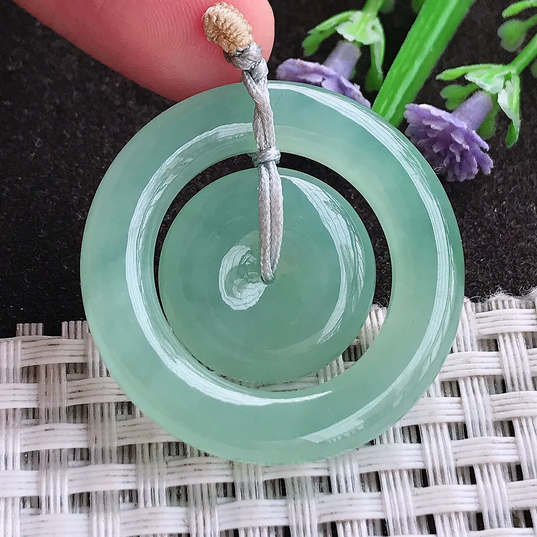 实拍A货翡翠33.7/5.5老坑冰胶果冻冰晴甜绿母子扣吊坠翡翠玉扣挂件平安扣