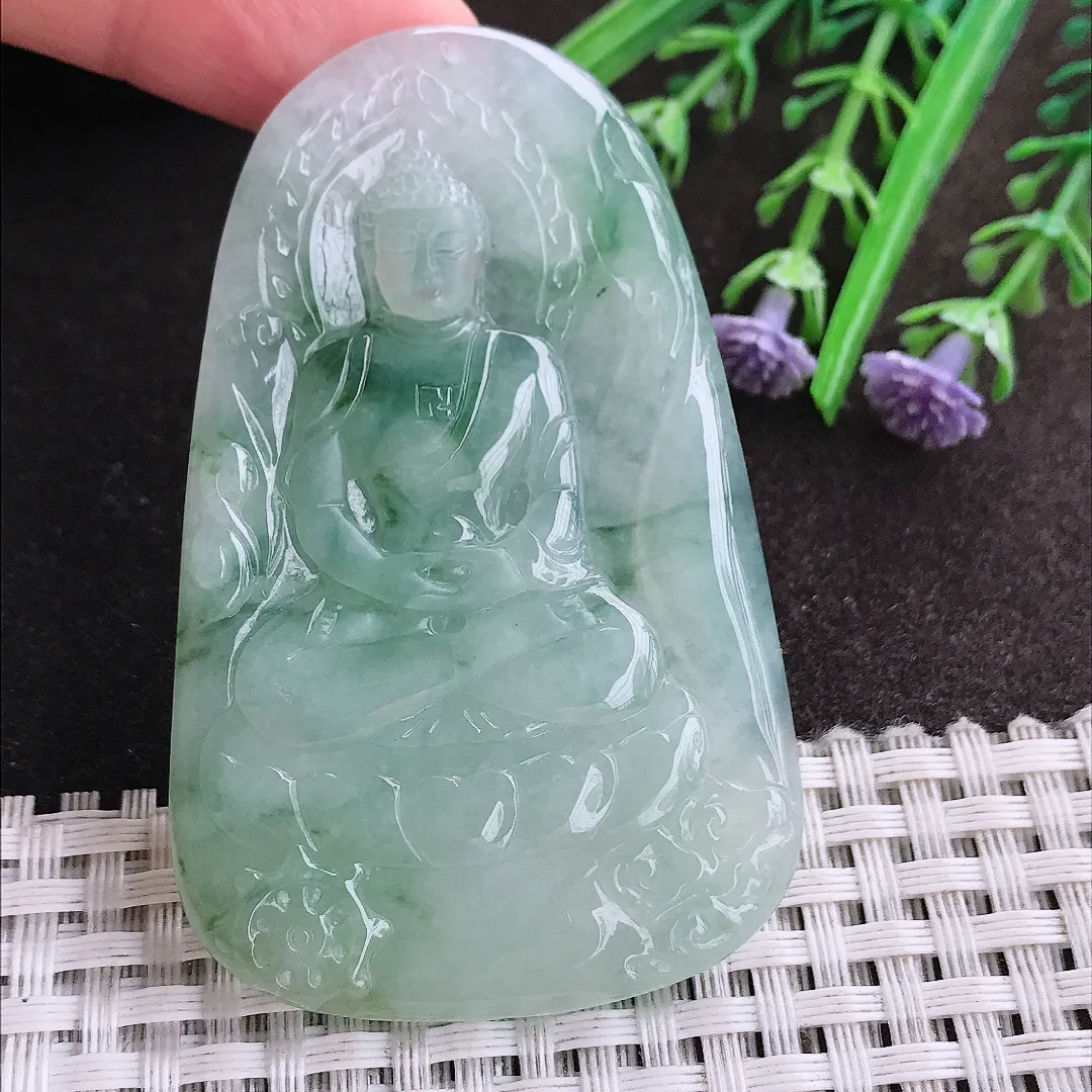 实拍A货翡翠65.6/42.5/5.5老坑冰胶水灵冰飘花大日如来佛吊坠翡翠玉牌挂件