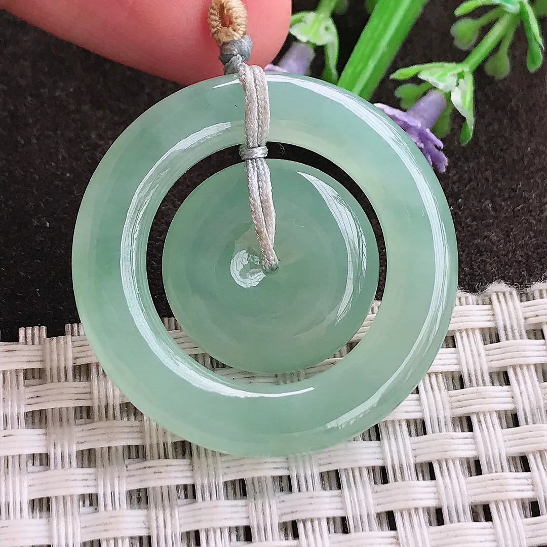 实拍A货翡翠33.7/5.5老坑冰胶果冻冰晴甜绿母子扣吊坠翡翠玉扣挂件平安扣