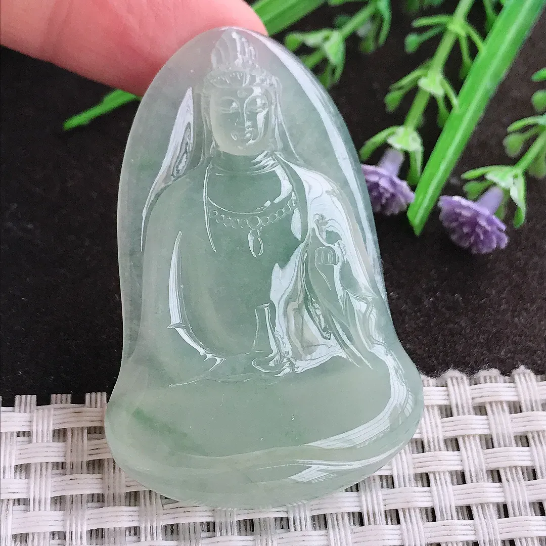 实拍A货翡翠55/36.5/5.6老坑冰胶果冻冰晴绿素衣观音吊坠翡翠玉牌挂件