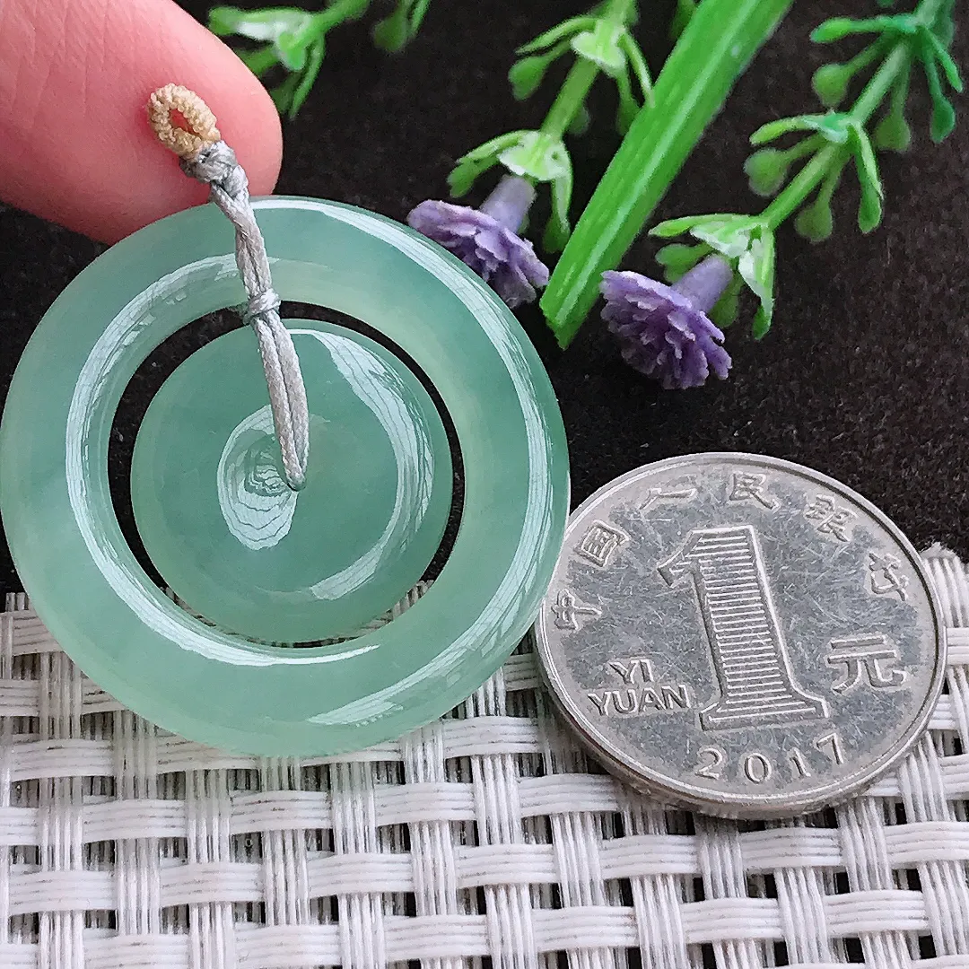 实拍A货翡翠33.7/5.5老坑冰胶果冻冰晴甜绿母子扣吊坠翡翠玉扣挂件平安扣