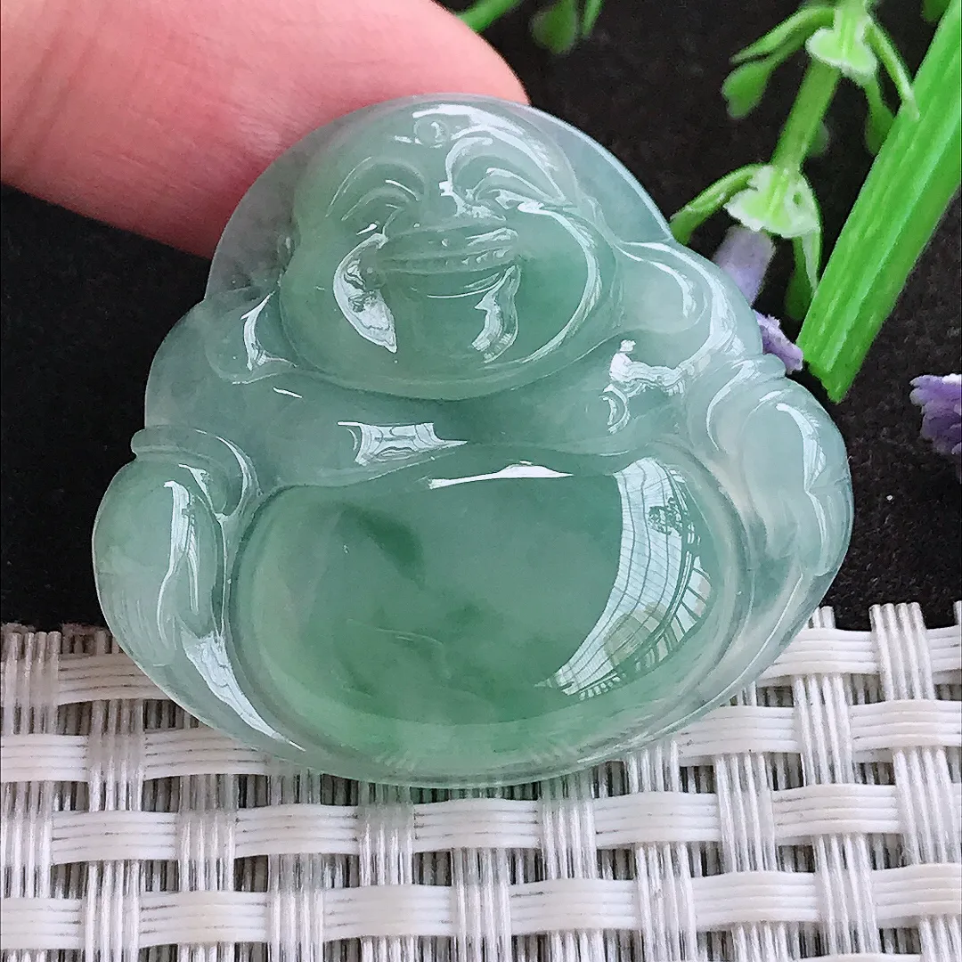 实拍A货翡翠32.9/35.6/5.9老坑冰胶水灵冰飘花佛公吊坠翡翠玉佛挂件