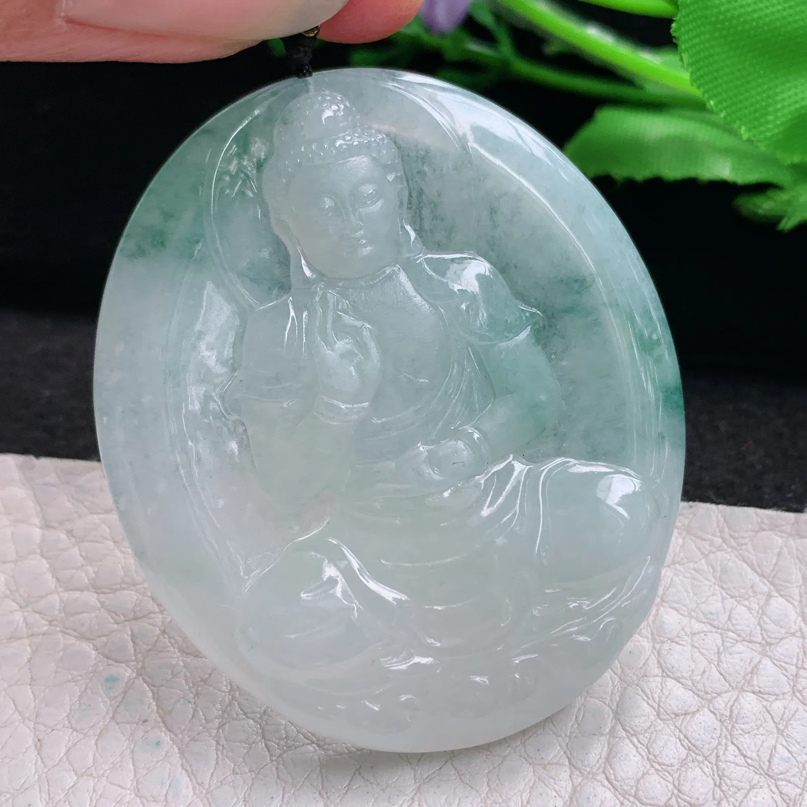 kh实拍50.5*43*5.5缅甸翡翠精雕冰飘花阿弥佗佛 佛祖玉吊坠 玉挂坠