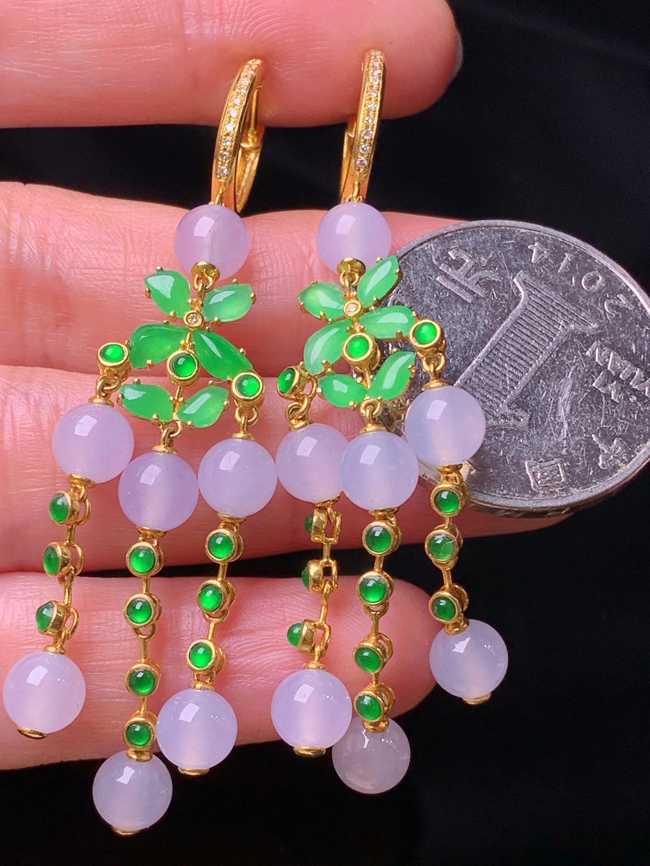 18k金钻镶嵌冰种圆珠组合耳坠 玉质细腻 色泽清新艳丽 整体尺寸63*5.8