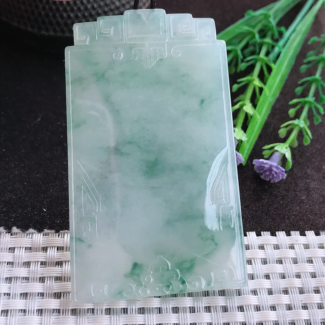 实拍A货翡翠68.8/43.5/5.1老坑冰胶水灵冰飘花仿古无事牌吊坠翡翠玉牌挂件