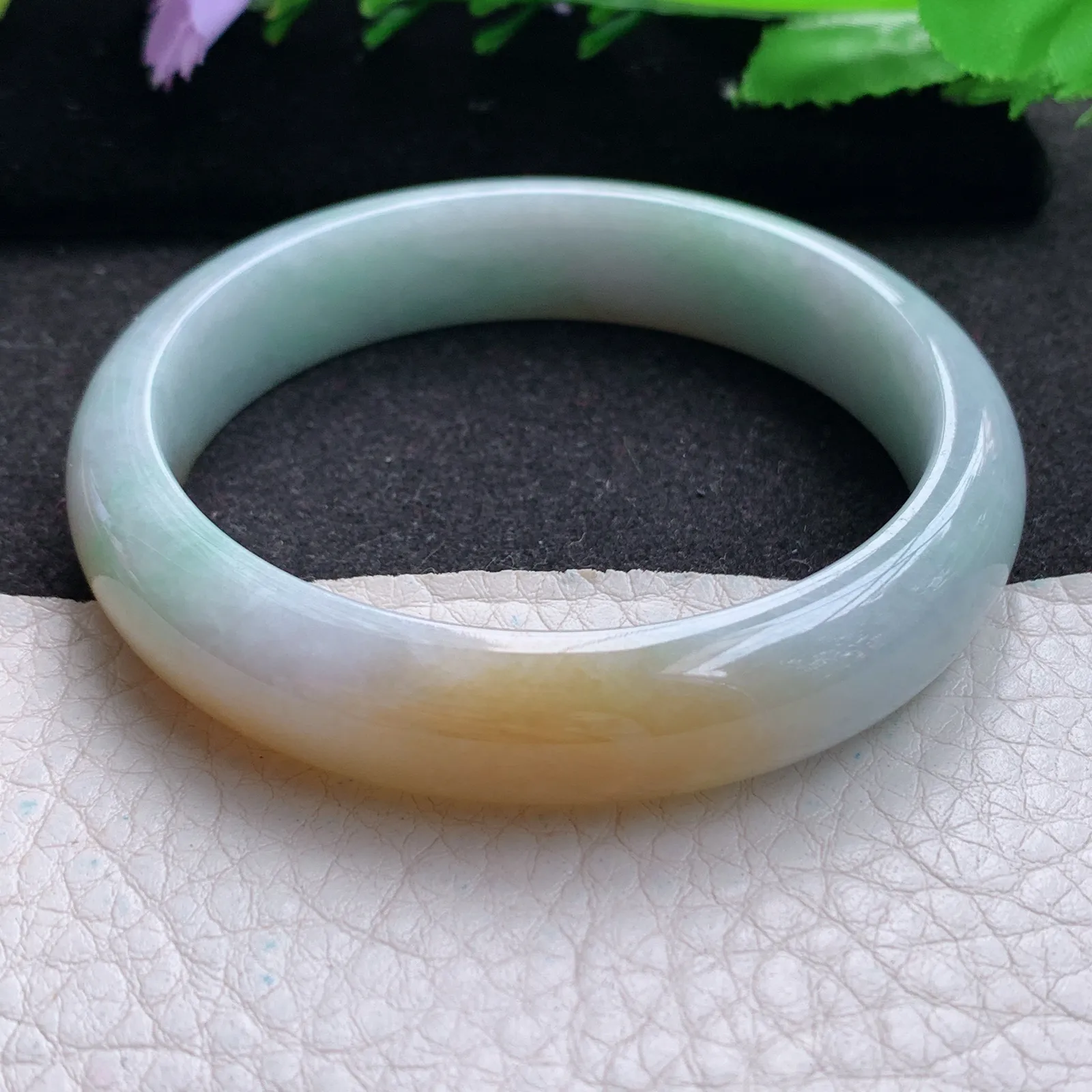 nr自然光55*12.3*7.6平安镯 缅甸翡翠a货玉手镯双彩水润宽边玉手环