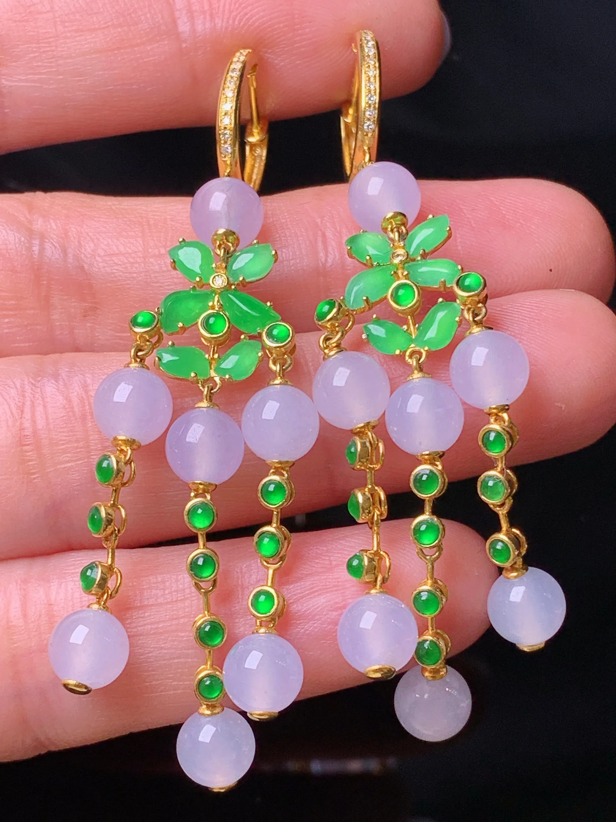 18k金钻镶嵌冰种圆珠组合耳坠 玉质细腻 色泽清新艳丽 整体尺寸63*5.8