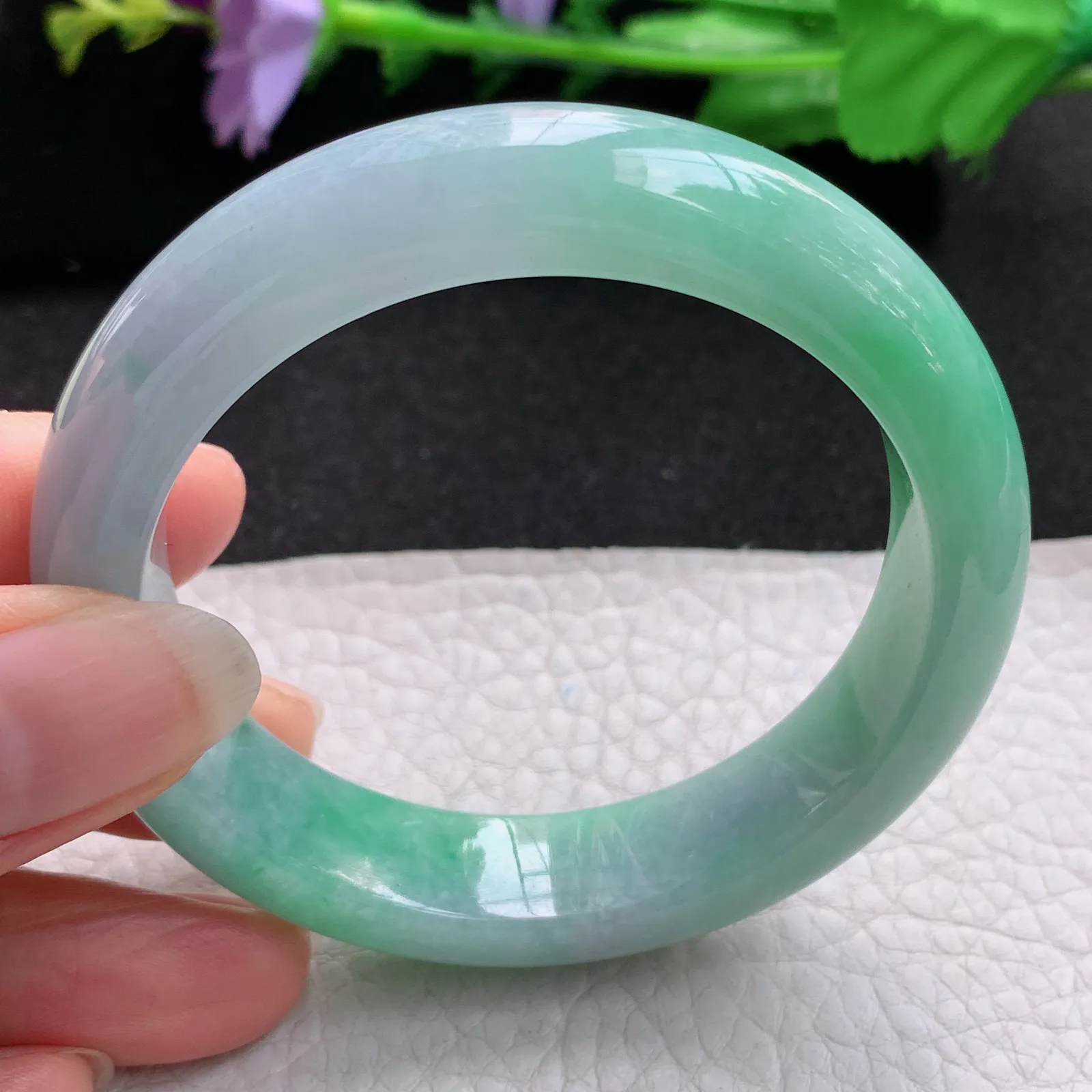 nr小圈口52.5*12.8*8.5平安镯 缅甸翡翠a货玉手镯春带彩秀气宽边玉手环