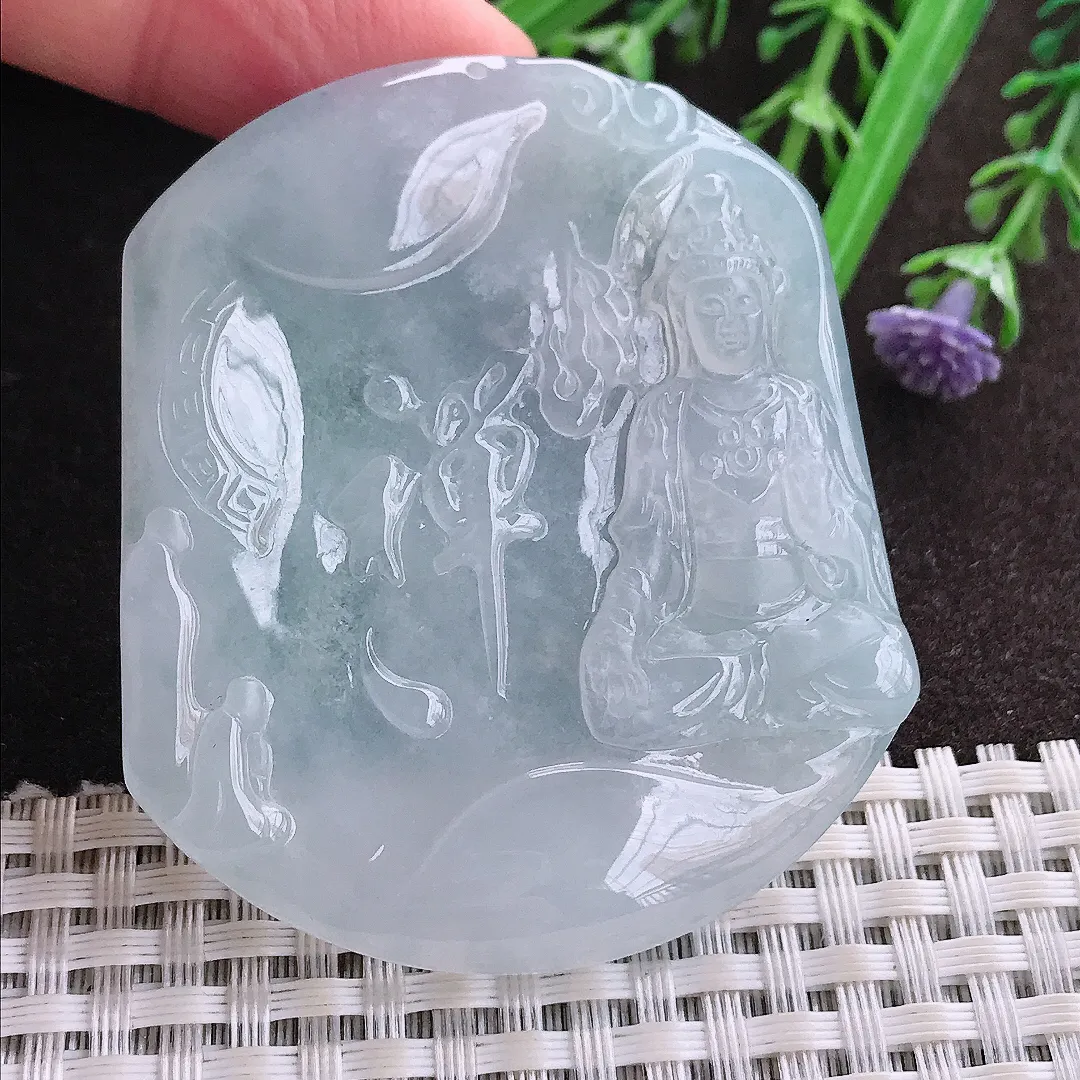 实拍A货翡翠57.2/49.5/5.5老坑冰透果冻胶白冰赐福观音吊坠翡翠玉牌挂件