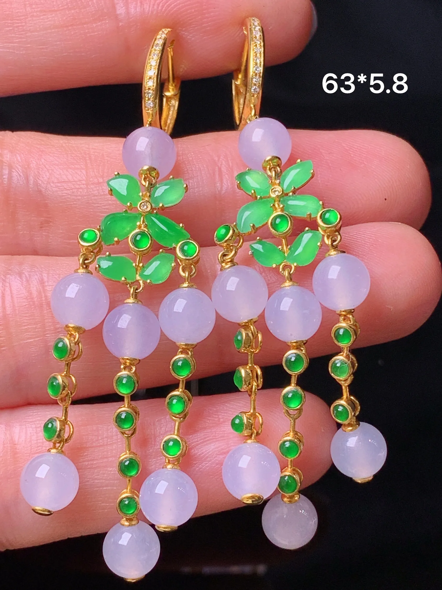 18k金钻镶嵌冰种圆珠组合耳坠 玉质细腻 色泽清新艳丽 整体尺寸63*5.8