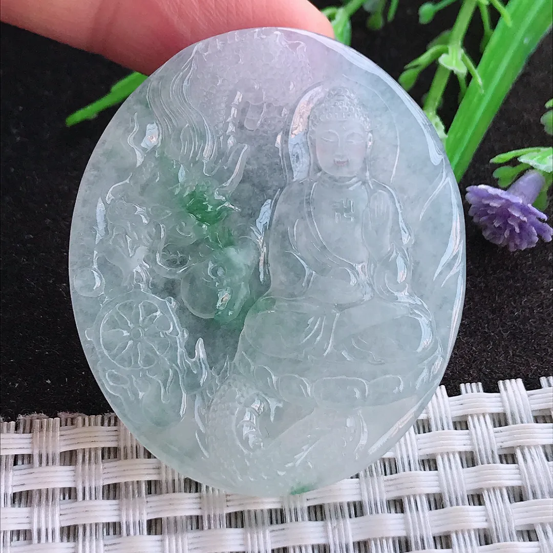 实拍A货翡翠47.3/40.6/5老坑冰透果冻胶飘花阿弥陀佛吊坠翡翠玉牌挂件