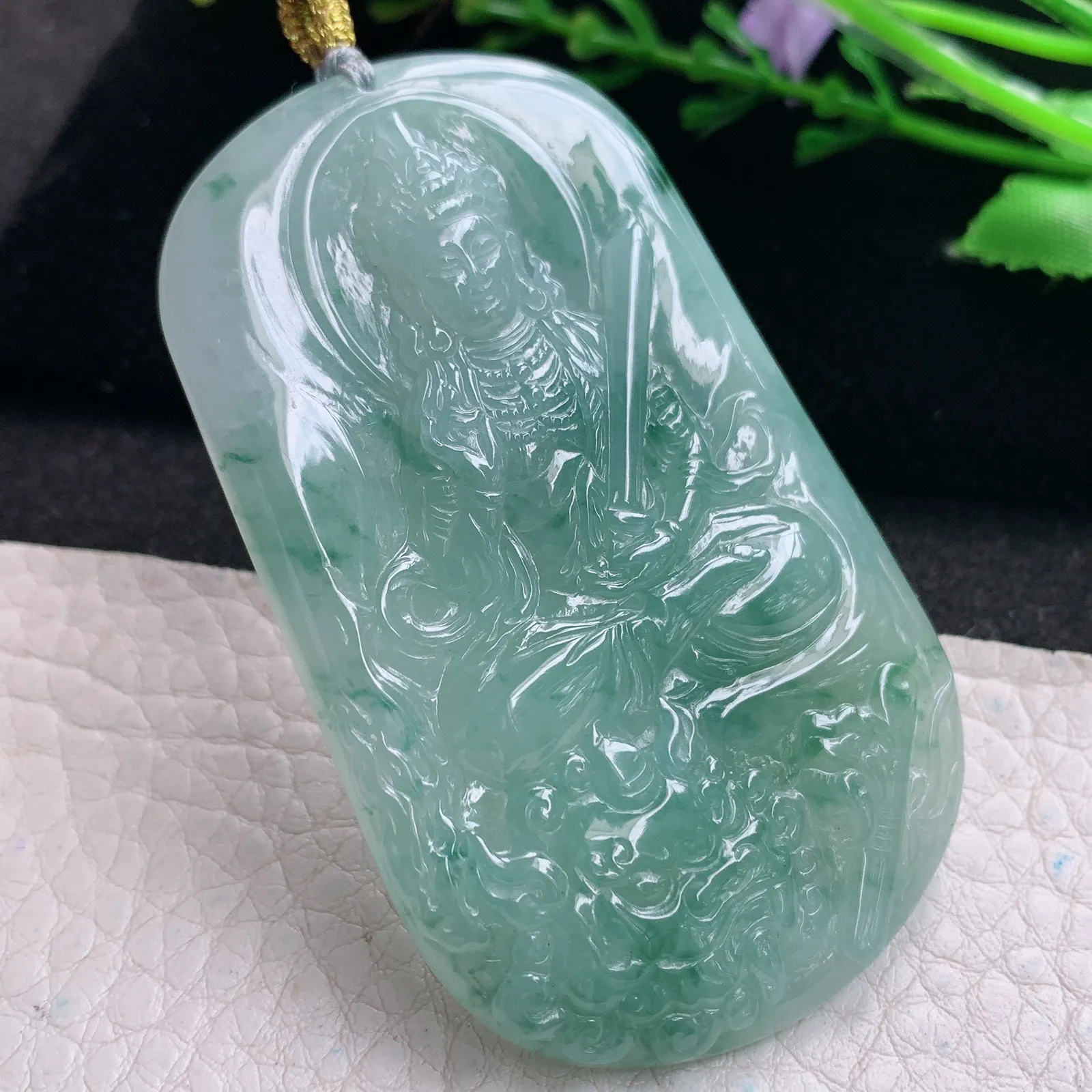 rp实拍63.7*38.8*5.8缅甸翡翠精雕文殊菩萨 生肖守护神玉吊坠 玉挂坠