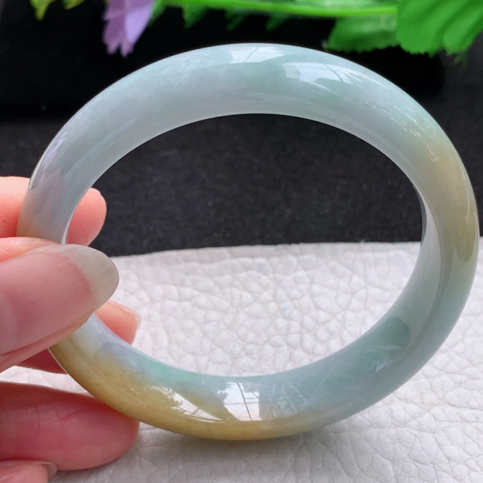 nr自然光55*12.3*7.6平安镯 缅甸翡翠a货玉手镯双彩水润宽边玉手环