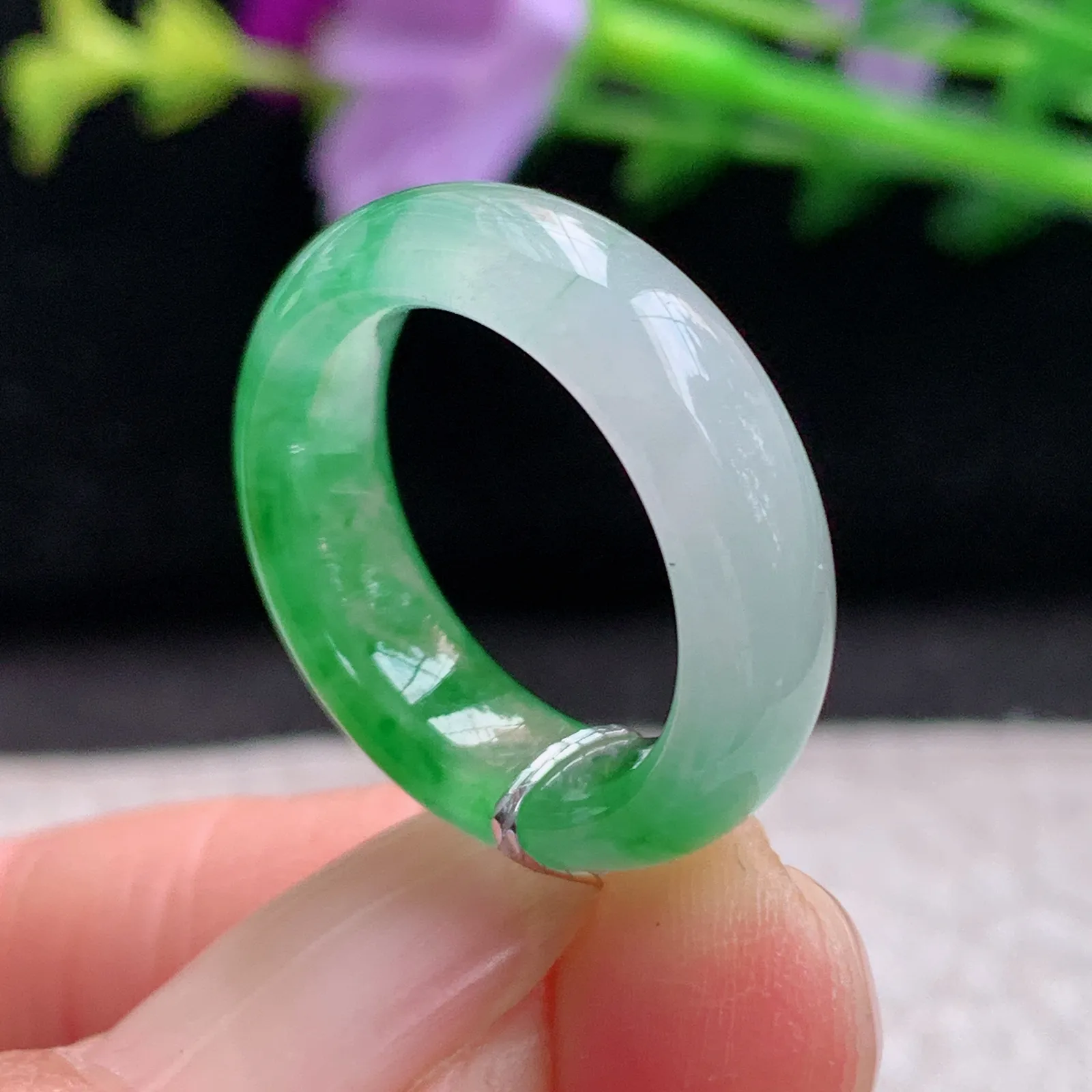 qxm实拍16*6*3.5缅甸翡翠精雕冰绿16mm内径指环 玉戒指