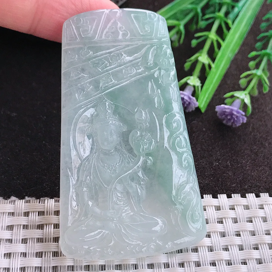 实拍A货翡翠66.3/39/5.8老坑冰透起胶冰晴大势至菩萨吊坠翡翠玉观音挂件