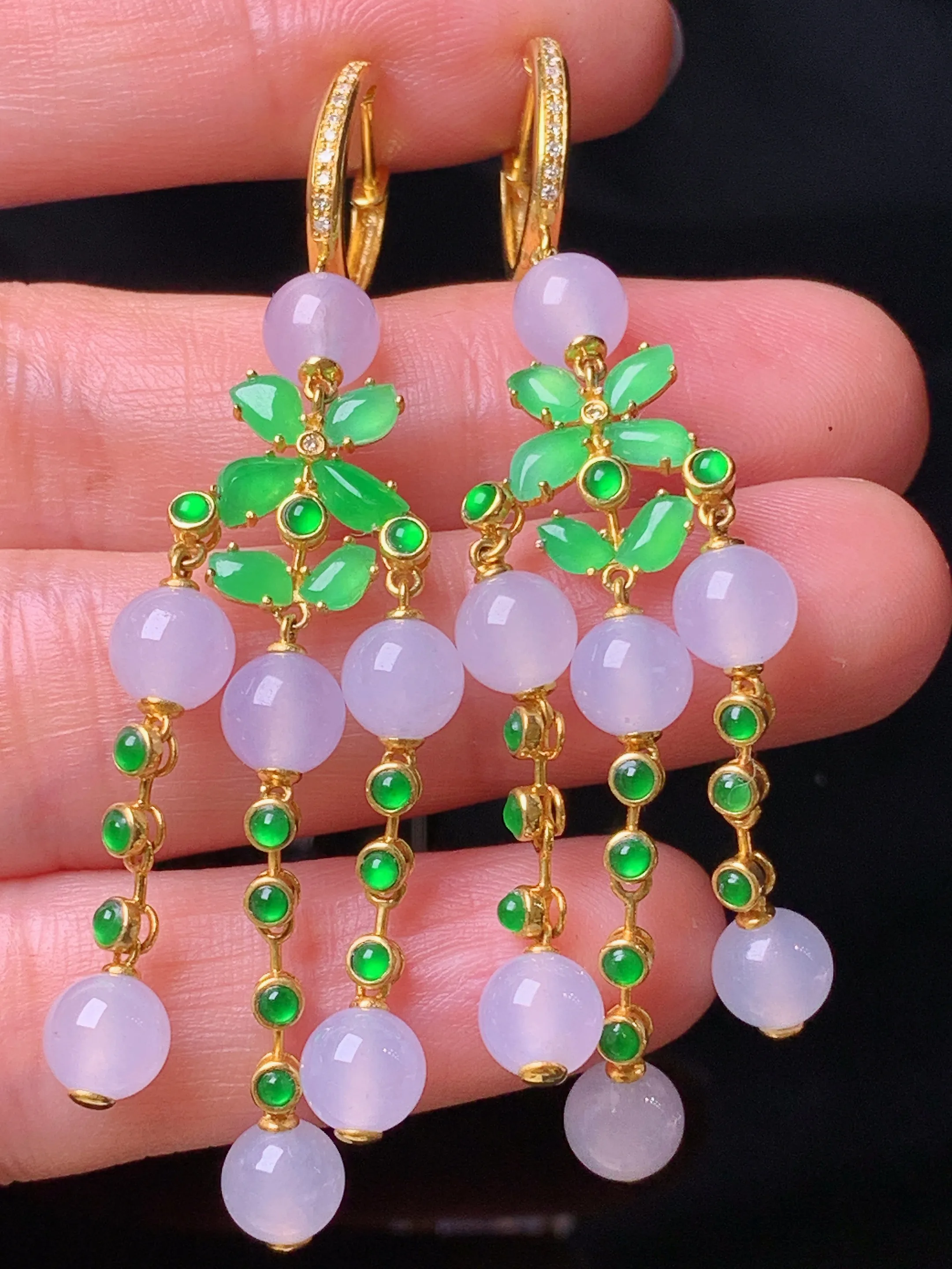 18k金钻镶嵌冰种圆珠组合耳坠 玉质细腻 色泽清新艳丽 整体尺寸63*5.8