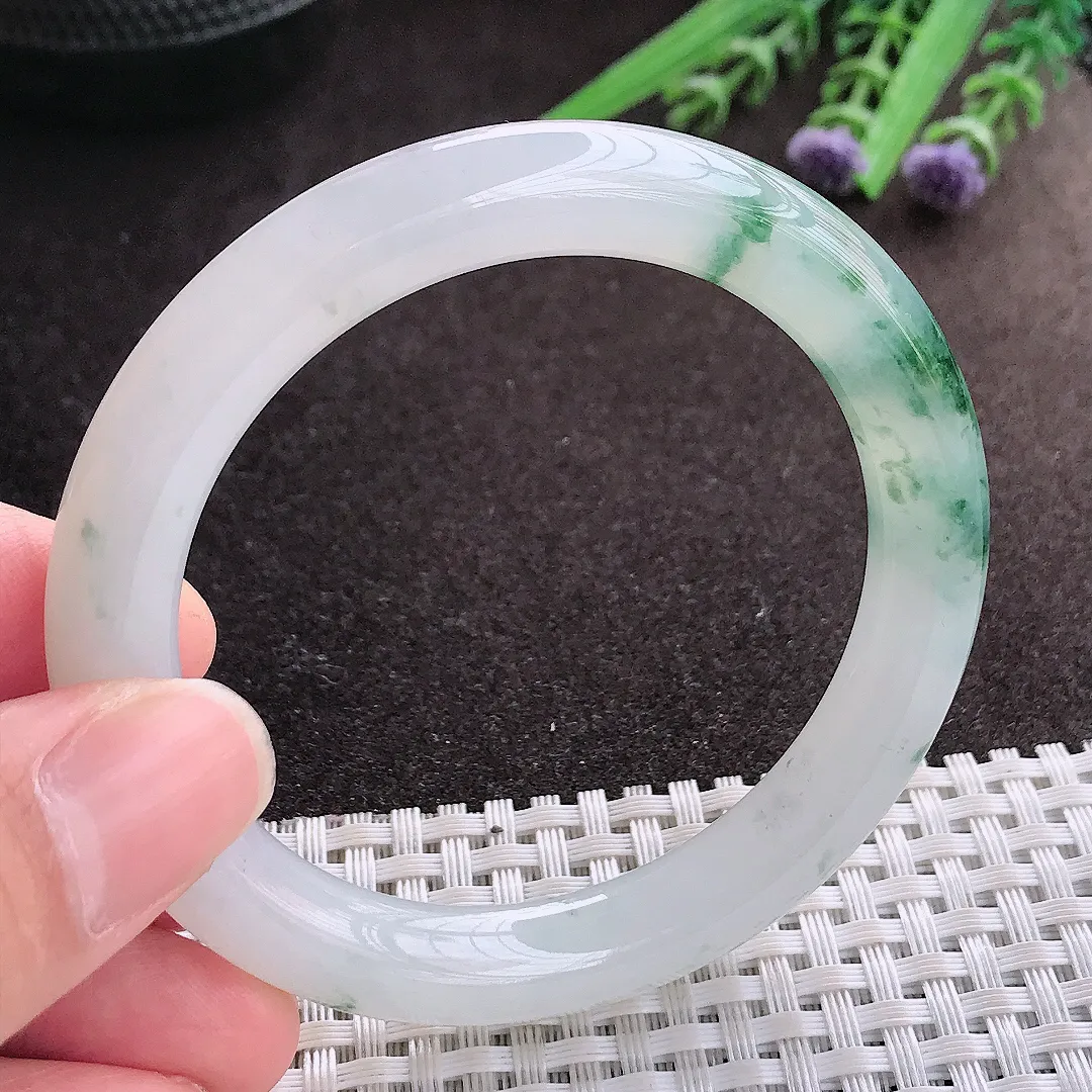 实拍A货翡翠53.5/9/9.3老坑冰胶果冻冰飘花圆条手镯翡翠玉镯子平安镯