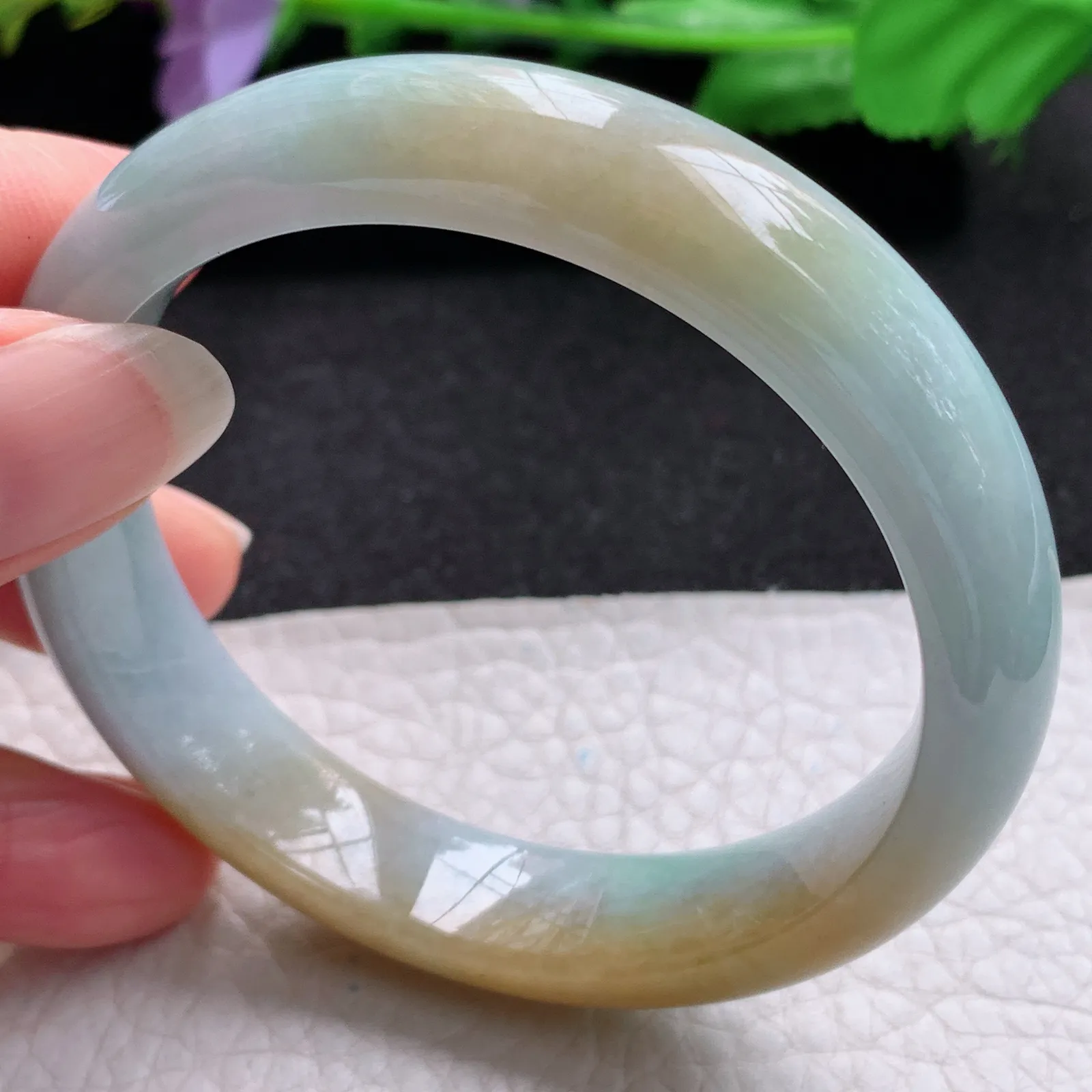 nr自然光55*12.3*7.6平安镯 缅甸翡翠a货玉手镯双彩水润宽边玉手环