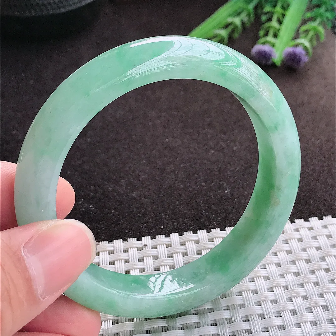 实拍A货翡翠54.8/12.2/8.6老坑冰润起胶满绿手镯宽边玉镯子平安镯