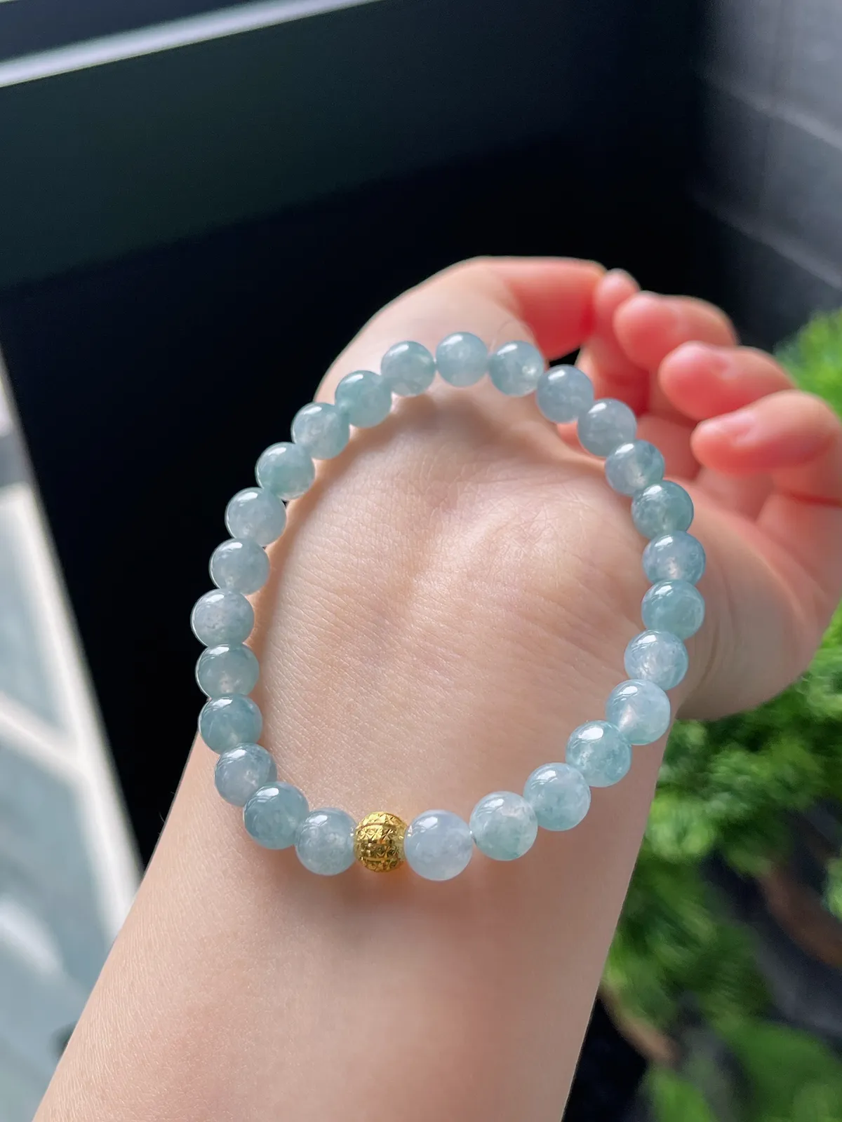 【星河系列】足金核桃珠配冰蓝翡翠珠串7mm