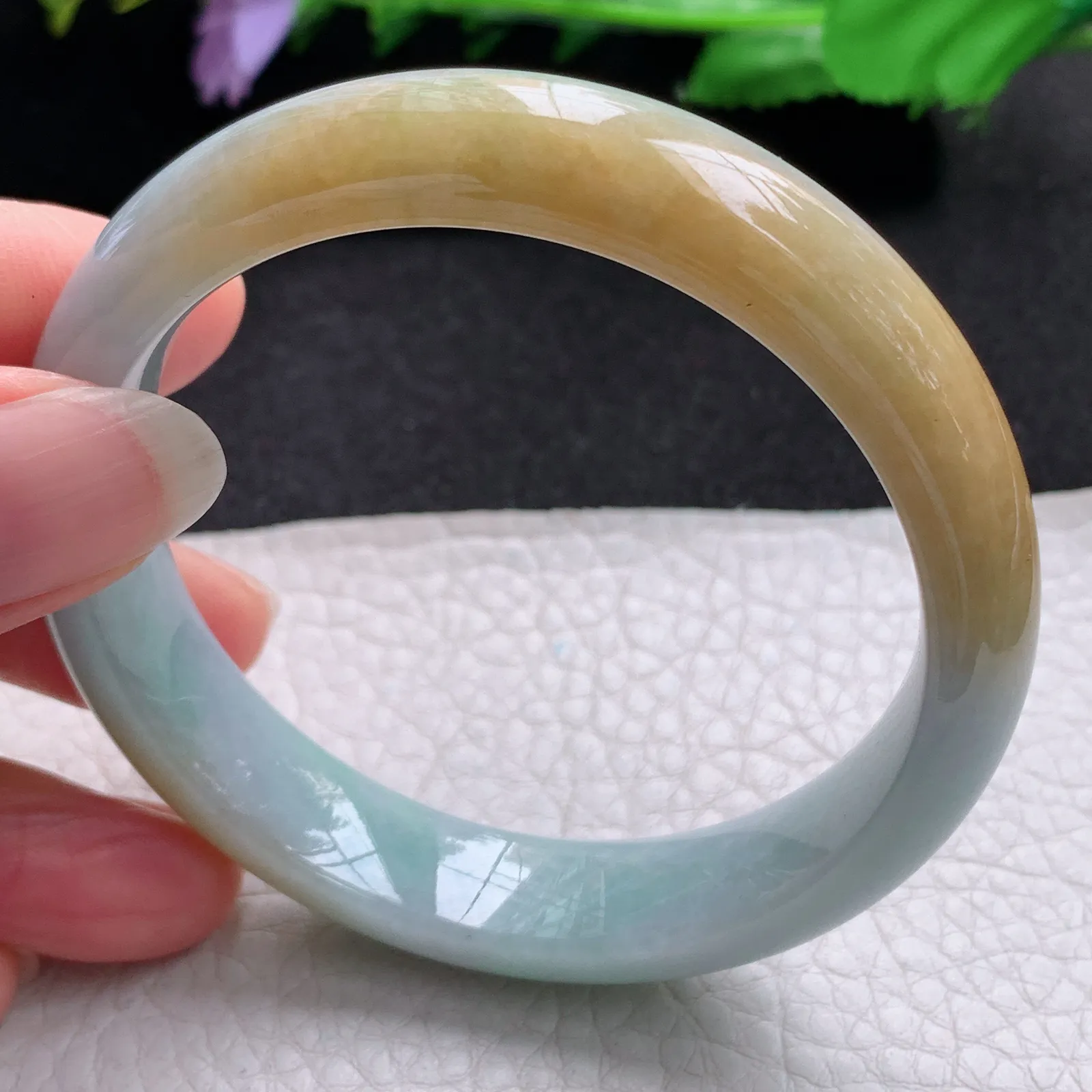 nr自然光55*12.3*7.6平安镯 缅甸翡翠a货玉手镯双彩水润宽边玉手环