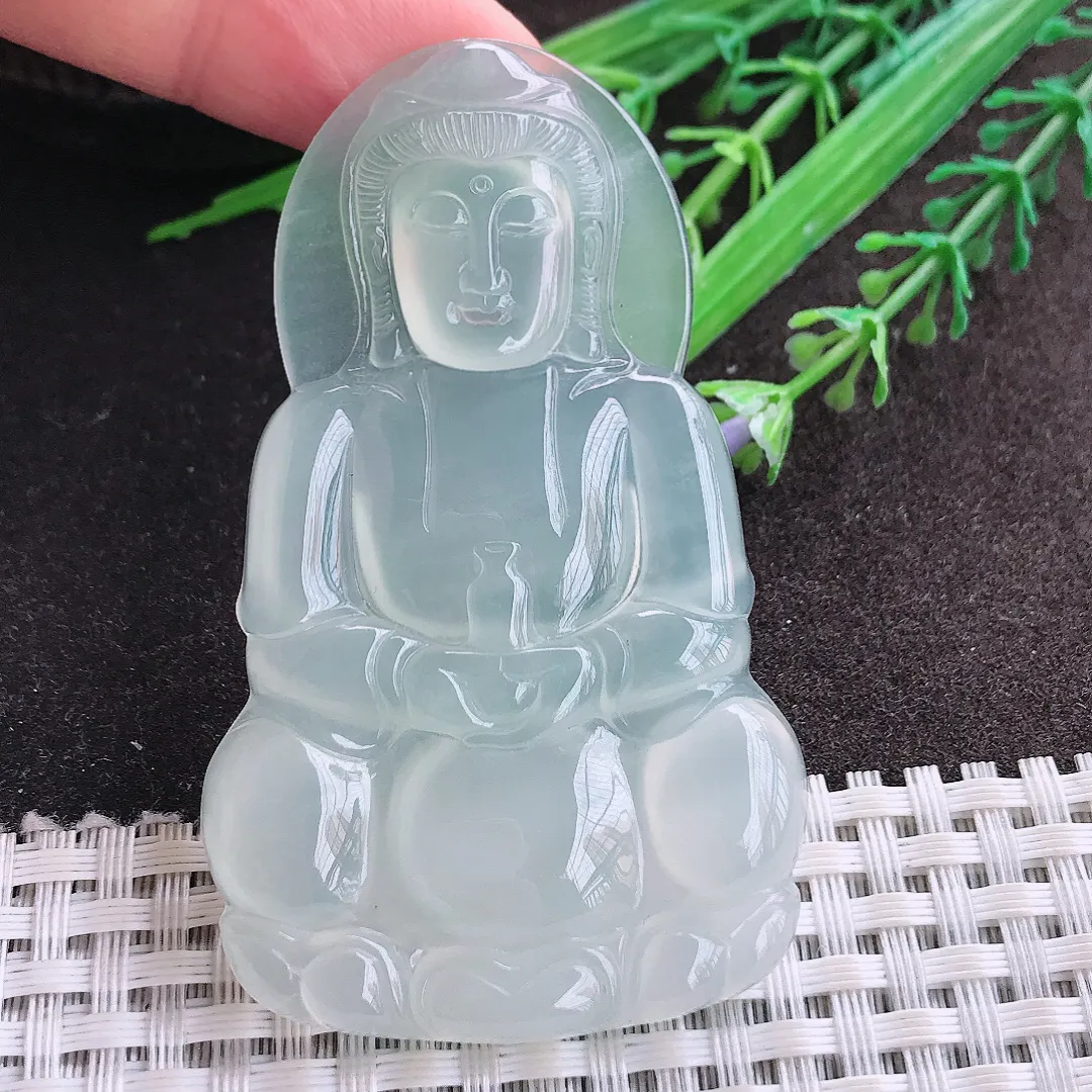实拍A货翡翠67.8/40.5/5.8老坑冰种果冻胶冰晴大观音吊坠翡翠玉观音挂件