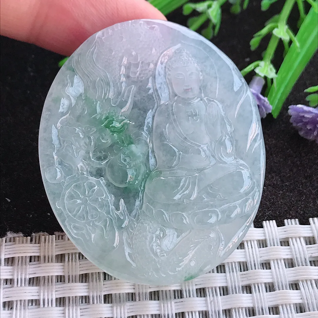 实拍A货翡翠47.3/40.6/5老坑冰透果冻胶飘花阿弥陀佛吊坠翡翠玉牌挂件