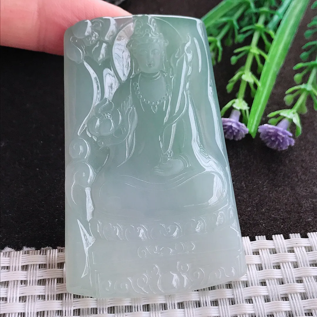 实拍A货翡翠67.5/44/6老坑冰润起胶冰晴虚空藏菩萨吊坠翡翠玉牌挂件