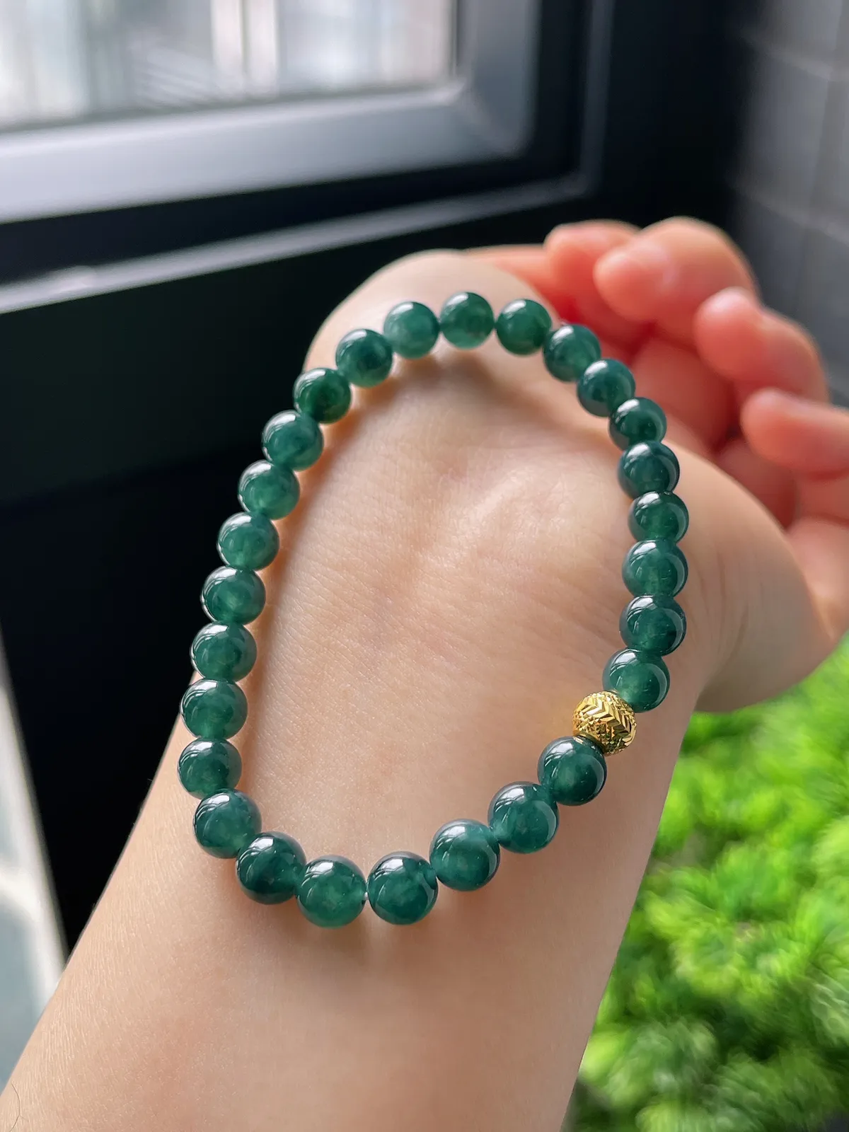 【星河系列】足金波纹珠配冰蓝翡翠珠串6.6mm