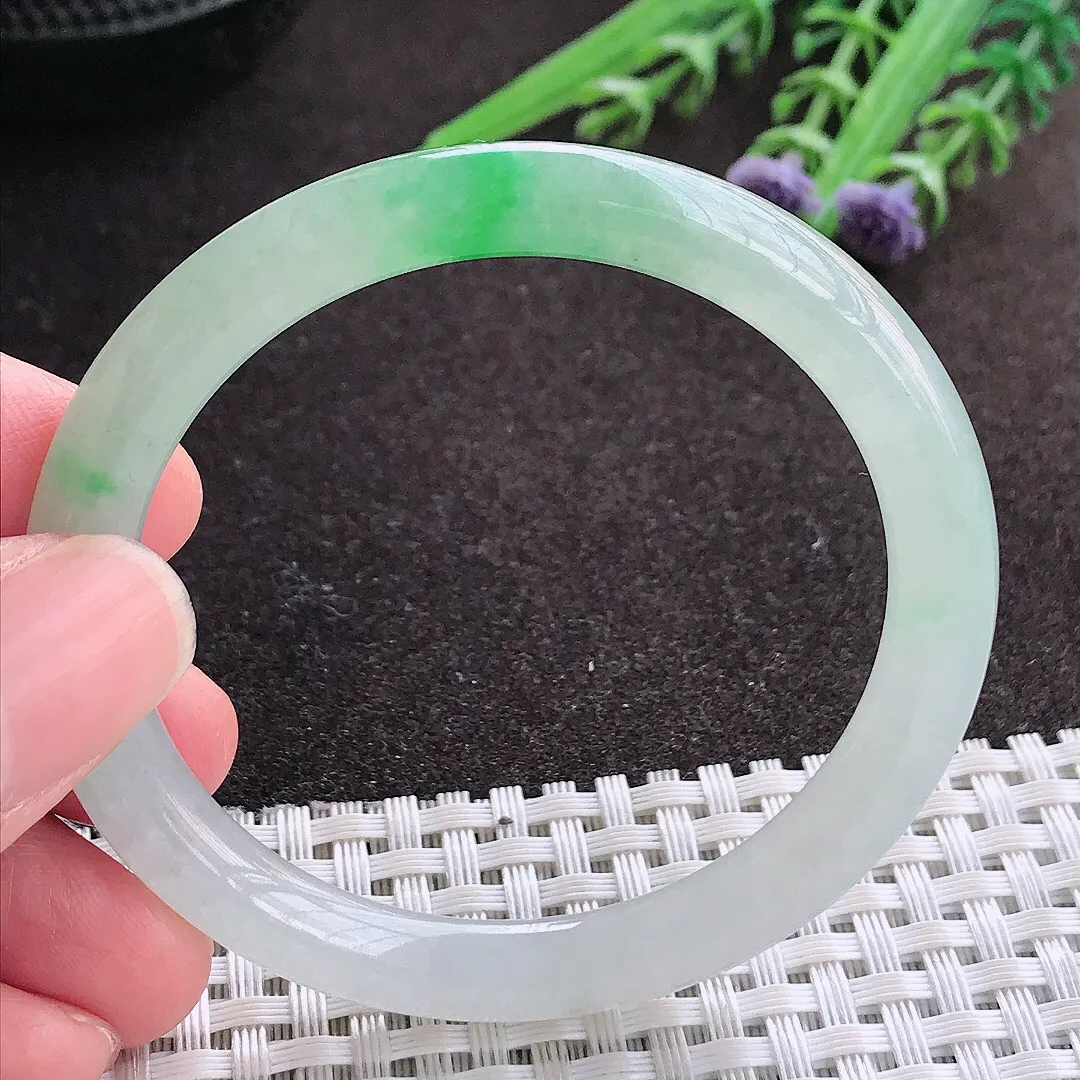 实拍A货翡翠49.5/6.8/7.3小圈口老坑冰润飘阳绿圆条手镯翡翠玉镯子平安镯