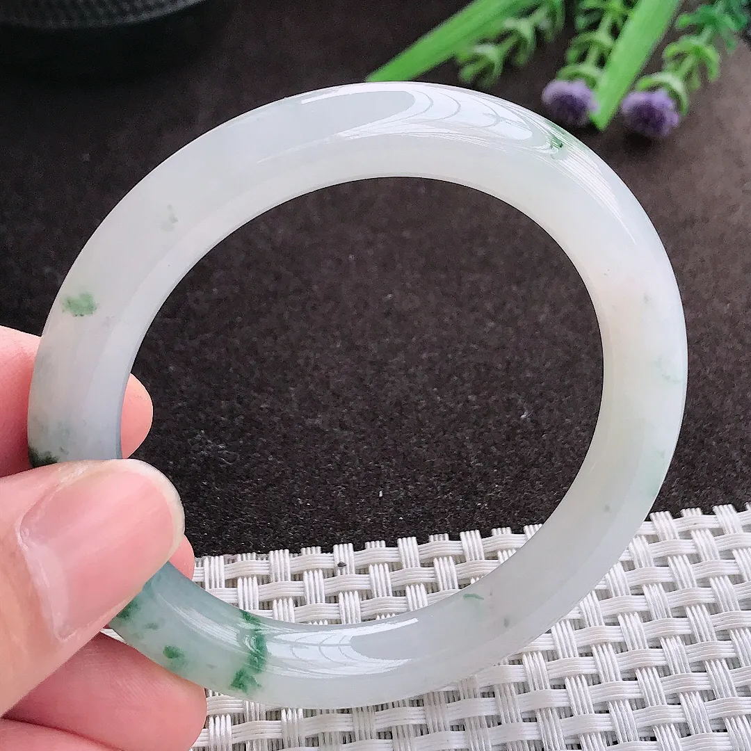 实拍A货翡翠53.5/9/9.3老坑冰胶果冻冰飘花圆条手镯翡翠玉镯子平安镯