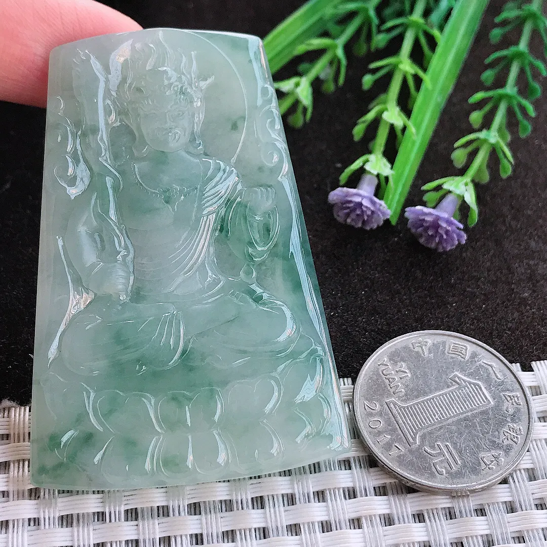 实拍A货翡翠61.5/42.3/5.5老坑冰胶果冻冰飘花不动明王吊坠翡翠玉牌挂件