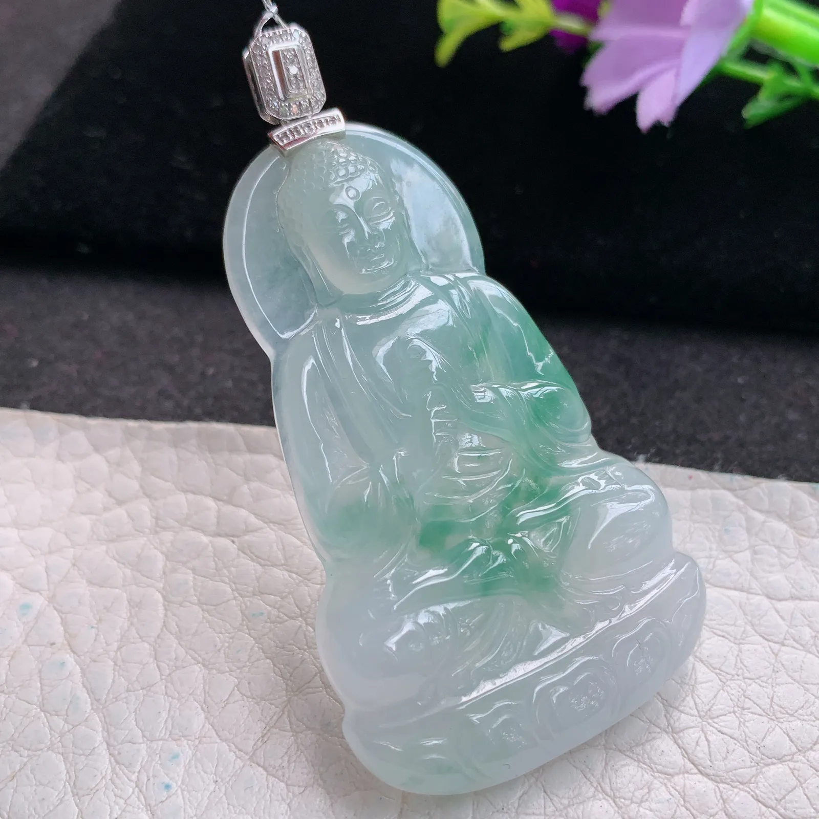 qxm实拍53.8*32.6*5.5缅甸翡翠精雕冰飘花正庄大日如来佛祖 玉吊坠 玉挂坠