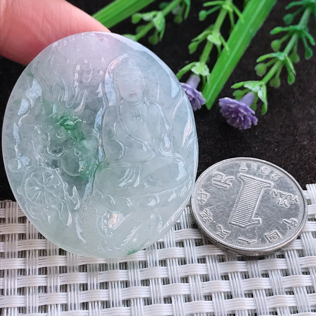 实拍A货翡翠47.3/40.6/5老坑冰透果冻胶飘花阿弥陀佛吊坠翡翠玉牌挂件
