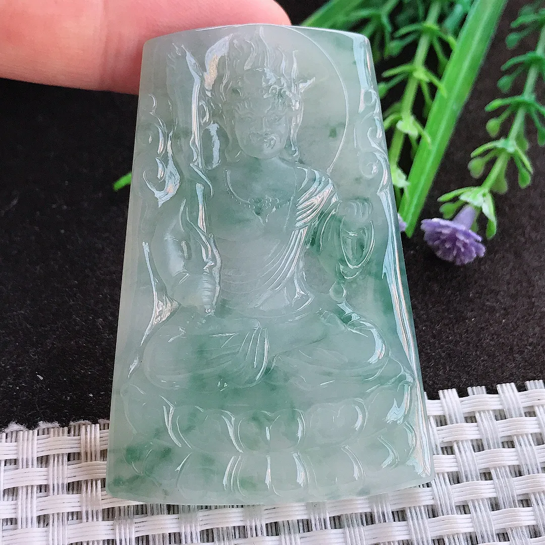 实拍A货翡翠61.5/42.3/5.5老坑冰胶果冻冰飘花不动明王吊坠翡翠玉牌挂件