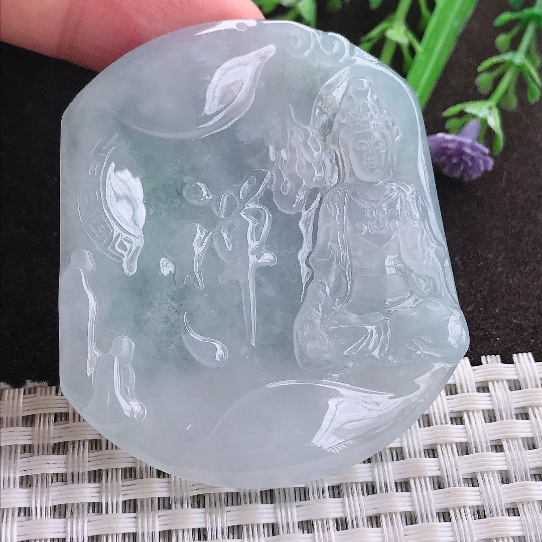 实拍A货翡翠57.2/49.5/5.5老坑冰透果冻胶白冰赐福观音吊坠翡翠玉牌挂件