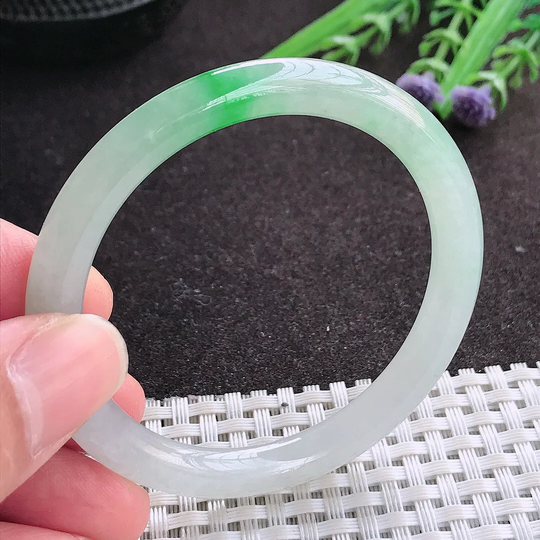 实拍A货翡翠49.5/6.8/7.3小圈口老坑冰润飘阳绿圆条手镯翡翠玉镯子平安镯