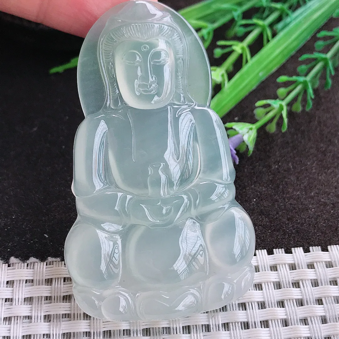 实拍A货翡翠67.8/40.5/5.8老坑冰种果冻胶冰晴大观音吊坠翡翠玉观音挂件