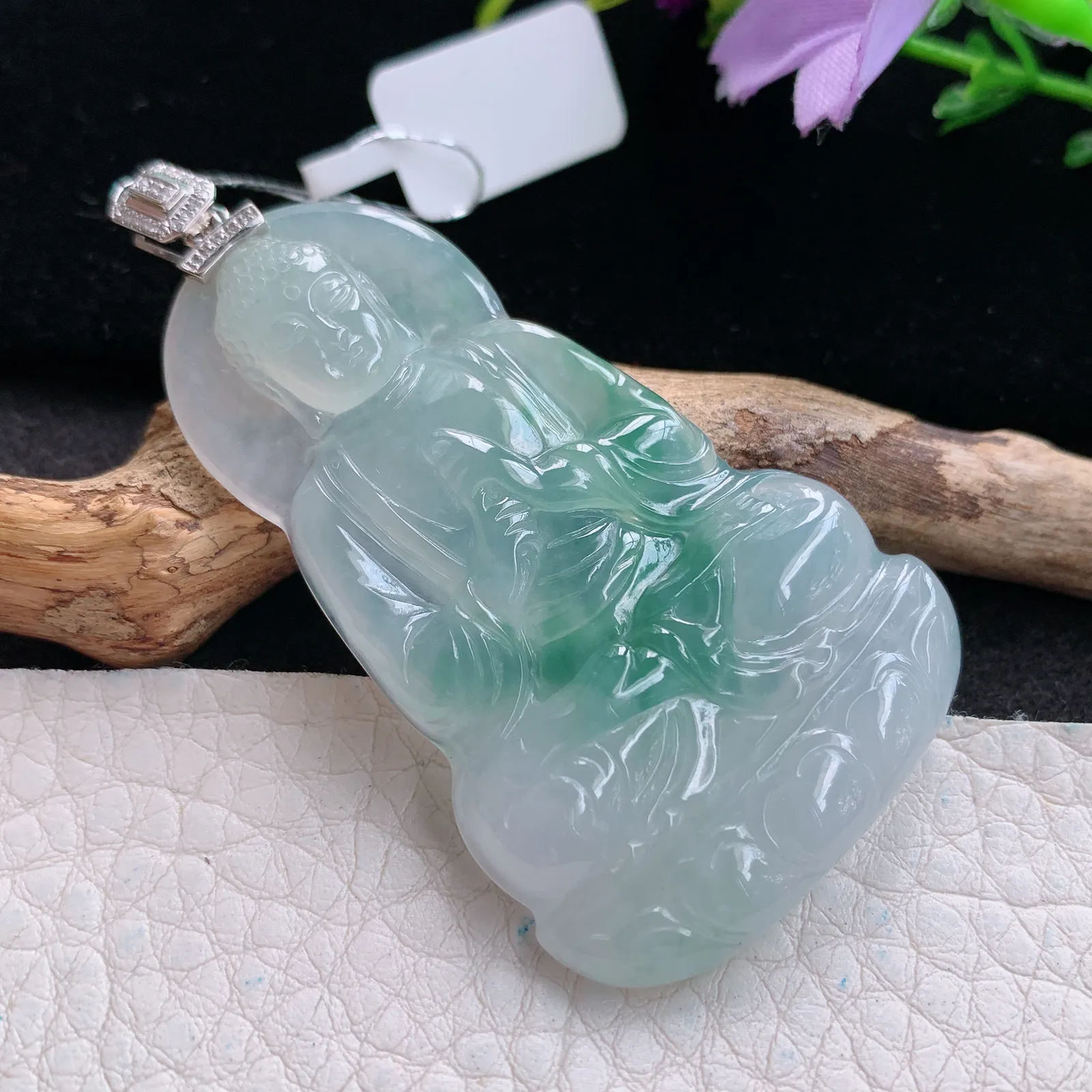 qxm实拍53.8*32.6*5.5缅甸翡翠精雕冰飘花正庄大日如来佛祖 玉吊坠 玉挂坠