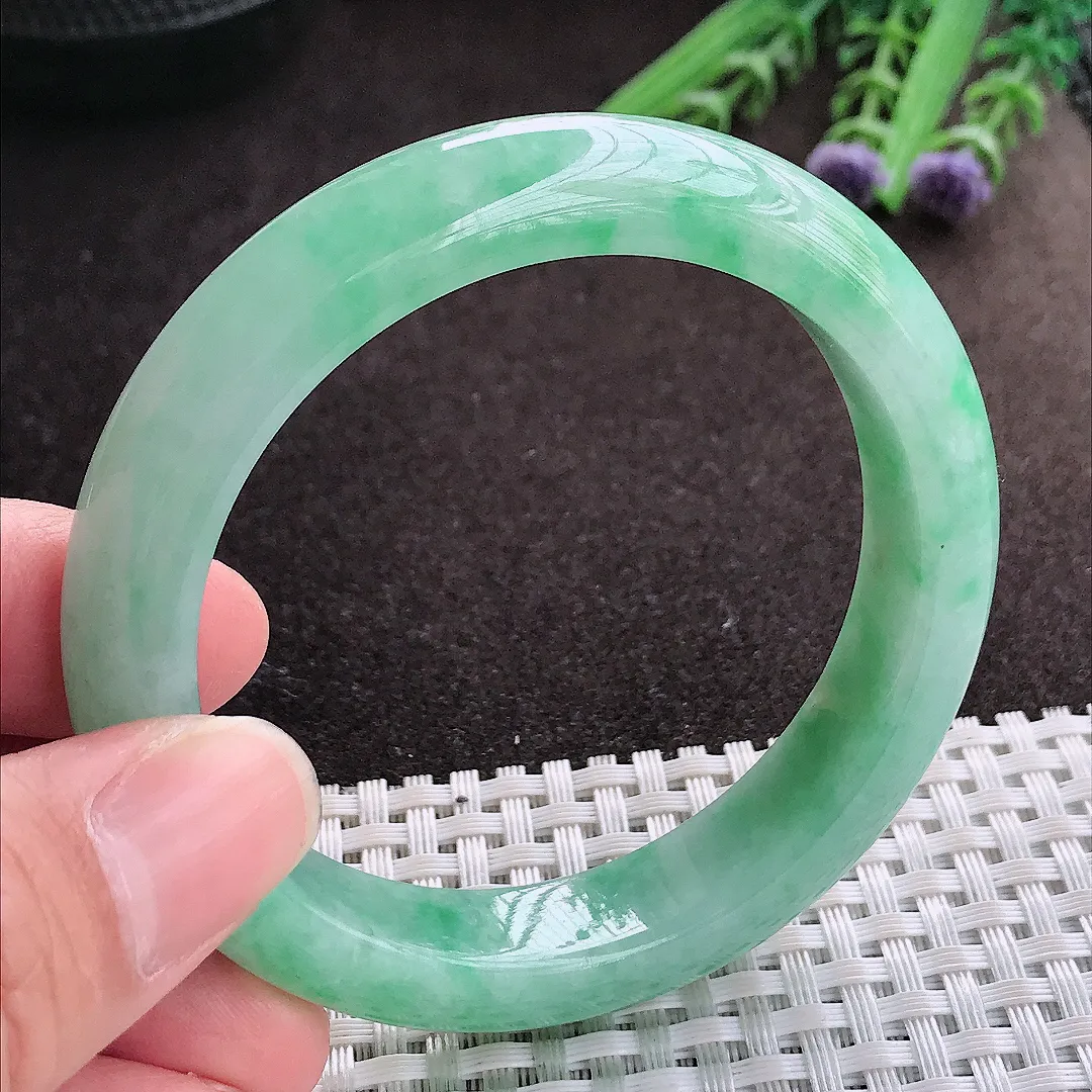 实拍A货翡翠54.8/12.2/8.6老坑冰润起胶满绿手镯宽边玉镯子平安镯