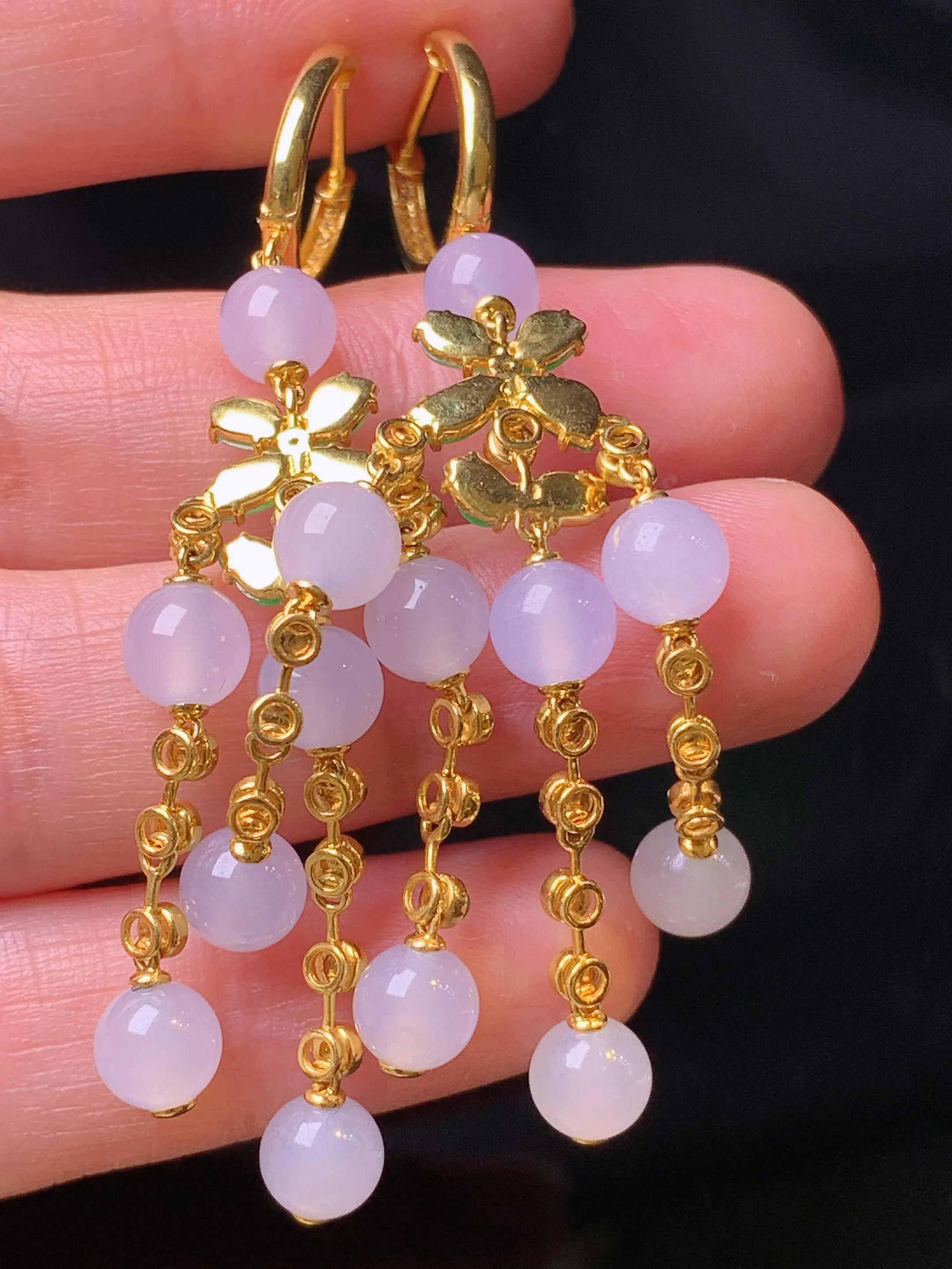 18k金钻镶嵌冰种圆珠组合耳坠 玉质细腻 色泽清新艳丽 整体尺寸63*5.8